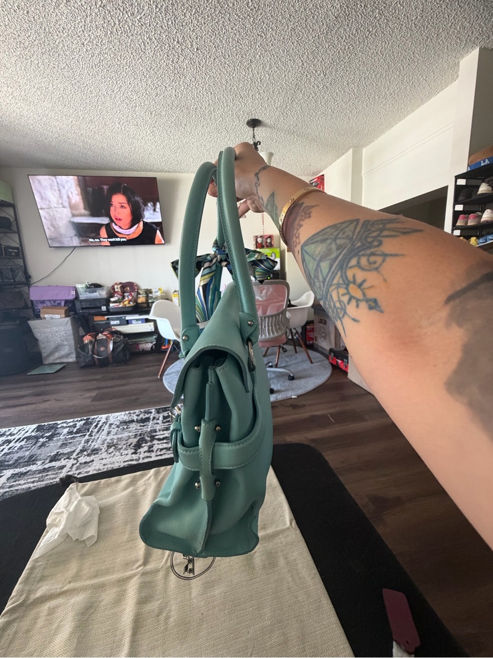 Structured Mint Green Top-Handle Satchel with Scarf - Picture 7 of 9